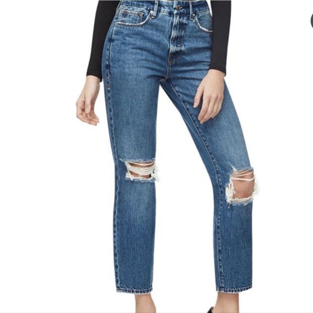 Good American Blue Straight Leg Ripped Jeans